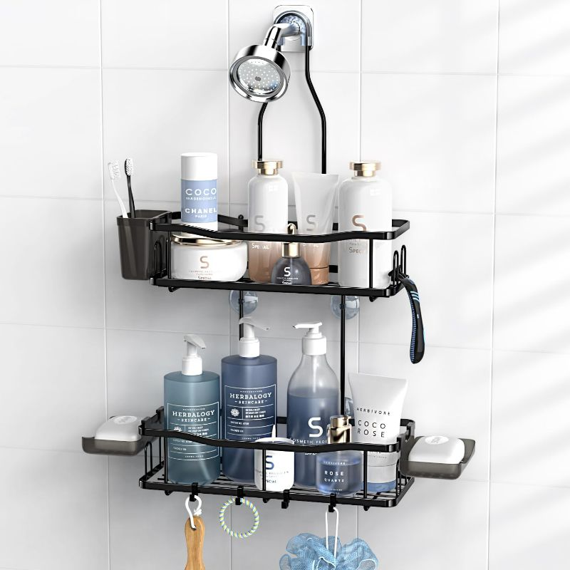 Photo 1 of Hanging Shower Caddy Bathroom Organizer: Rustproof Shower Shelf Racks Over Shower Head - No Drilling Inside Bath Shower Rack Shelves Over Showerhead for Shampoo with Soap Holder Black