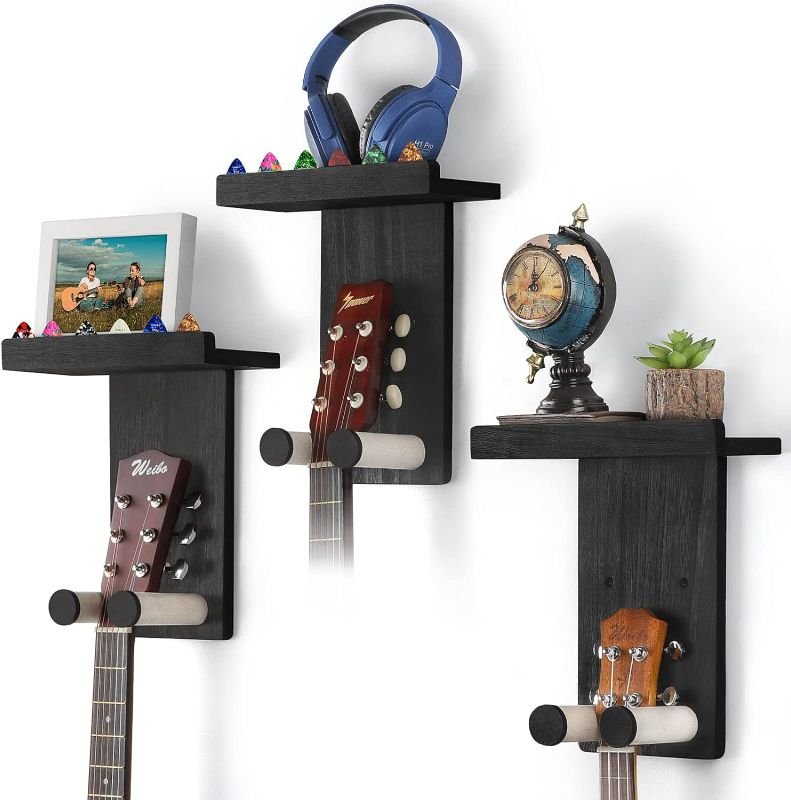 Photo 1 of Keebofly Guitar Wall Mount,3 Pack Guitar Hanger Guitar Stand Wall with Pick Holder Guitar Rack for Acoustic or Electric Guitars,Ukulele,Bass,Mandolin,Rustic Wood Black,[Patented]