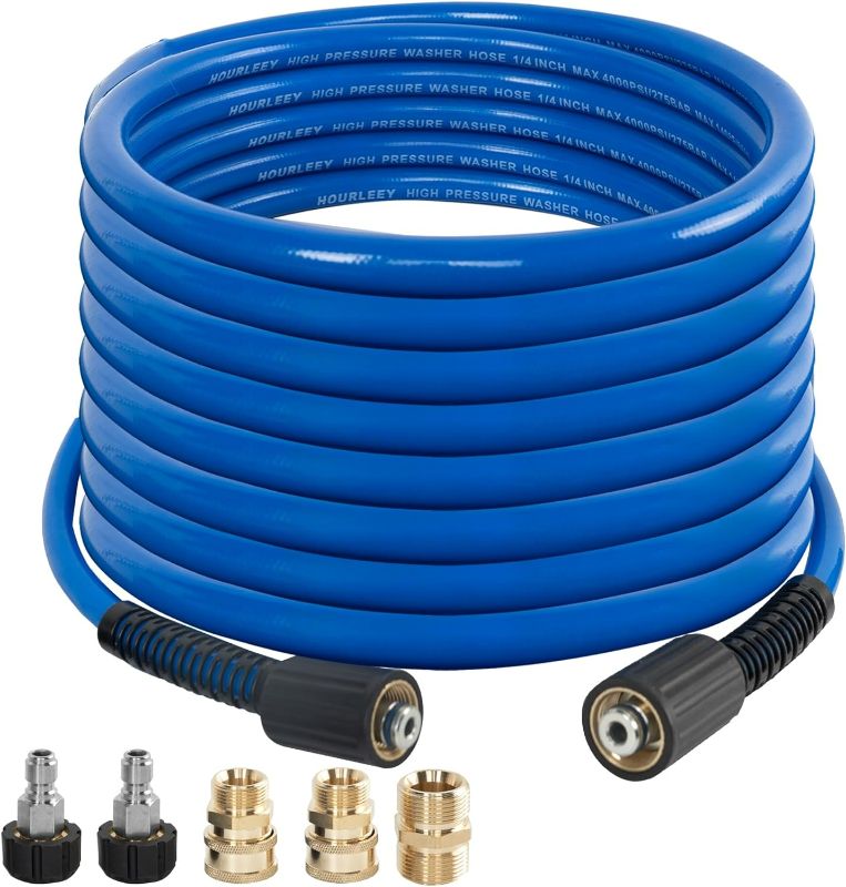 Photo 1 of Hourleey Pressure Washer Hose 50 FT, 4000 PSI Flexible Kink Resistant Power Washer Hose Replacement, 1/4" Quick Connect Pressure Washer Hose Extension With M22 x 3/8", Blue