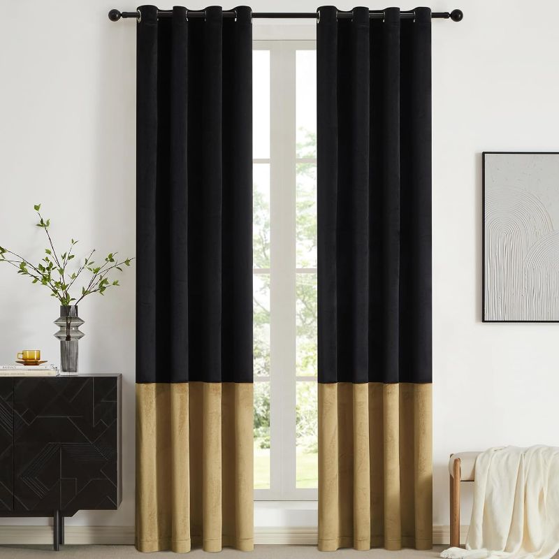 Photo 1 of BULBUL Black Gold Color Block Window Curtains Panels 84 inches Long Velvet Farmhouse Drapes for Bedroom Living Room Darkening Treatment with Grommet Set of Black Gold