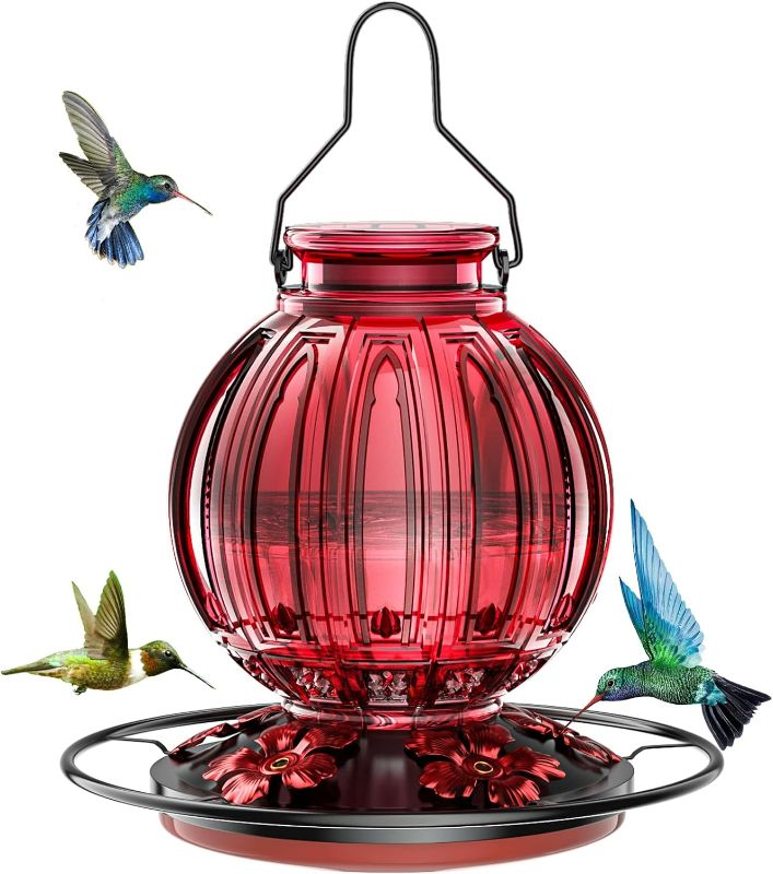 Photo 1 of Glass Hummingbird Feeder for Outdoors Hanging, 26Oz Bird Nectar Feeder with Perch & 5 Flower Feeding Ports, Leak Proof for Outside Garden Decor Backyard, Gifts for Women Mom, Red