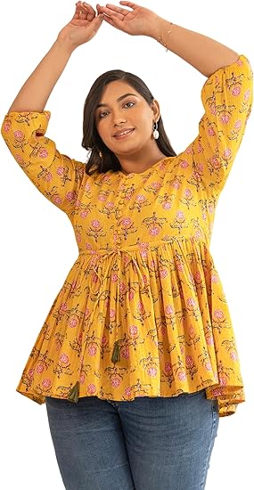 Photo 1 of XXL LOVE By Janasya Indian Women's Mustard Cotton Floral Fit & Flare Top