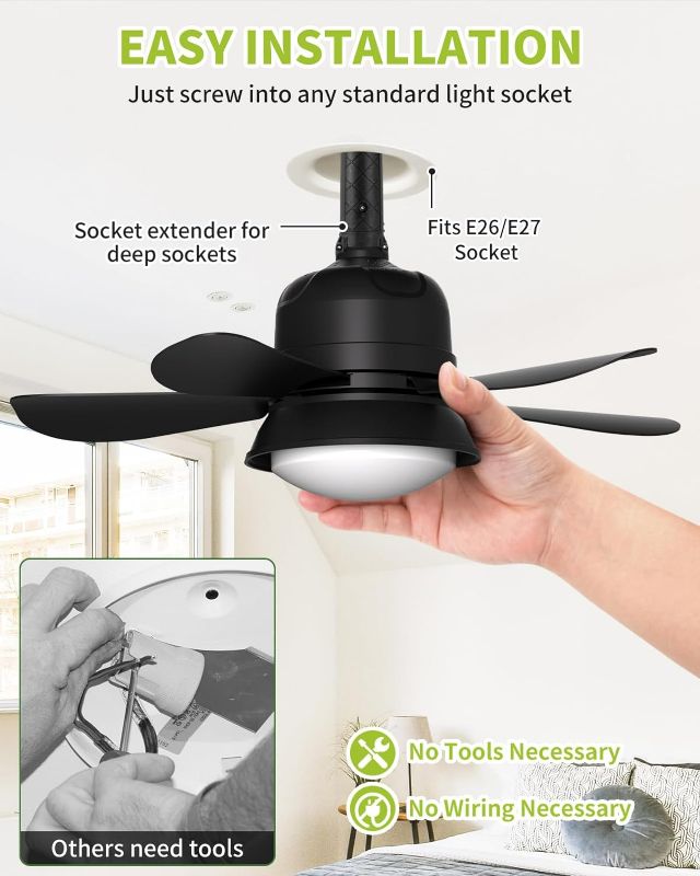 Photo 1 of  Socket Fan Light, Ceiling Fans with Lights and Remote, 1000 Lumens LED Ceiling Fan with Lights, 3 Light Modes, Powerful Airflow, Screw in Ceiling Fan for Bedroom, Kitchen, Living Room, Garage