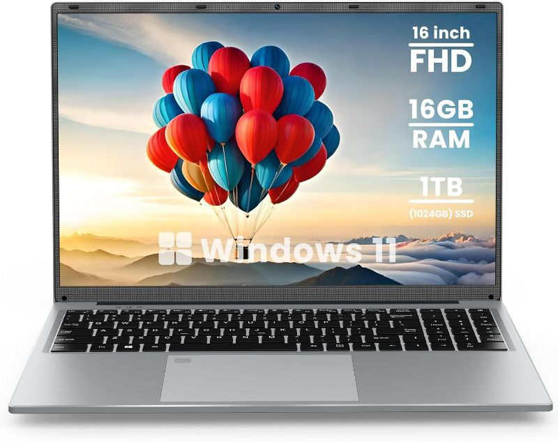 Photo 1 of 16" Laptop Computer, 16GB DDR4 RAM 1TB SSD, Quad-Core N100 Processor Up to 3.4GHz, 1200P FHD IPS Display, Windows 11 Laptops with USB 3.0, Type-C, Mini-HDMI, 2.4/5G WiFi, RJ45, Sliver