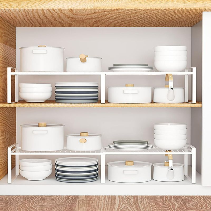 Photo 1 of 13"-24" L Expandable Cabinet Shelf Rack Set of 2, Stackable Kitchen Countertop Cupboard Organizers and Pantry Storage Shelves 2 Pack