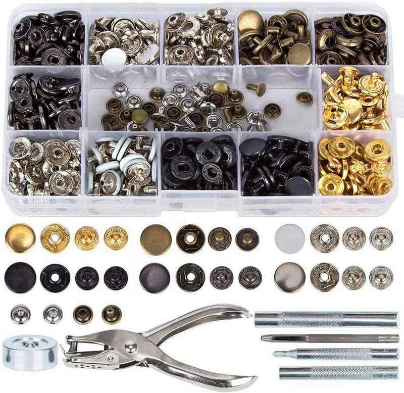 Photo 1 of 140 Set Snap Fasteners Kit, Metal Button Snaps Press Studs with Punch Pliers and 5 Setter Tools, 6 Color Clothing Snaps Kit, Leather Snaps for Clothes, Jackets, Jeans Wears, Leather, Bracelets, Bags