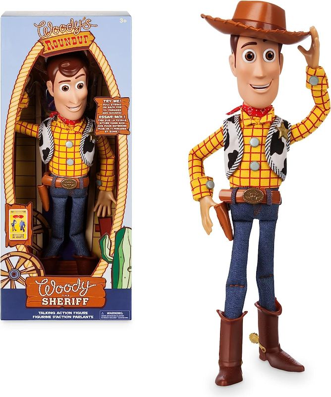 Photo 1 of Disney Store Official Woody Interactive Talking Action Figure - Toy Story Toys - Pull String Woody Toy Story Doll with Phrases & Interactive Feature, Soft Body Construction, Detachable Cowboy Hat