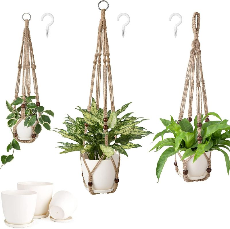 Photo 1 of  3 Pack Macrame Plant Hangers with Pots, 35"/29"/23" Indoor Different Size Hanging Planter Basket Flower Pot Holder with Saucers & Hooks No Tassels (Plastic Pots Included), Medium, Brown