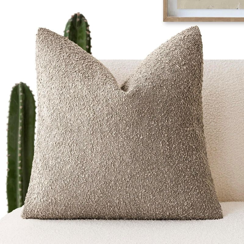 Photo 1 of Foindtower Decorative Textured Boucle Throw Pillow Covers Accent Solid Pillow Cases Neutral Soft Cozy Couch Cushion Case for Chair Sofa Bedroom Living Room Home Decor 26×26 Inch,1PC,Light Taupe