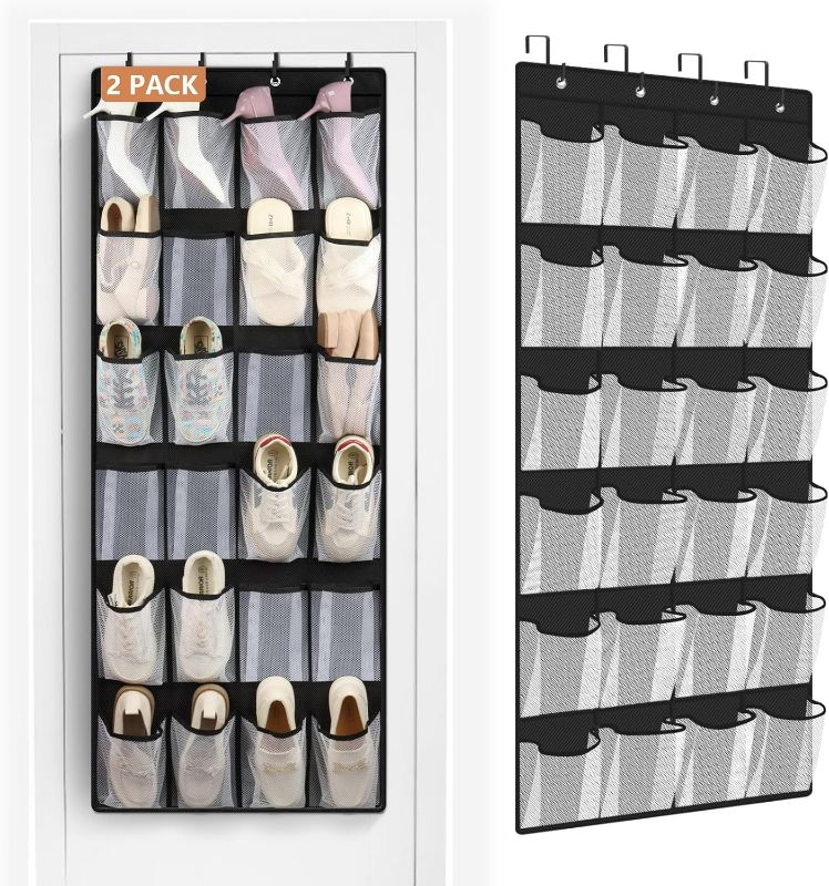 Photo 1 of 2 Pack Large Over The Door Shoe Organizer, 24 Pockets Mesh Hanging Shoe Organizers, Shoe Rack for Closet Mesh Closet Shoe Holder, Over Door Organizer, Shoe Organizer for Wall, Black