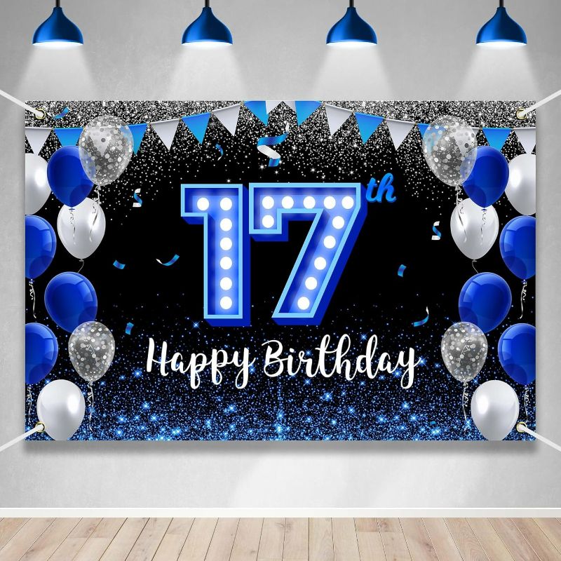 Photo 1 of Large Happy 17th Birthday Backdrop Banner Blue Black Theme Decor with Blue Neon Light Shiny Fashion Birthday Party Photo Photography Prop Booth Background for Boys Girls Celebration 98.4x65in