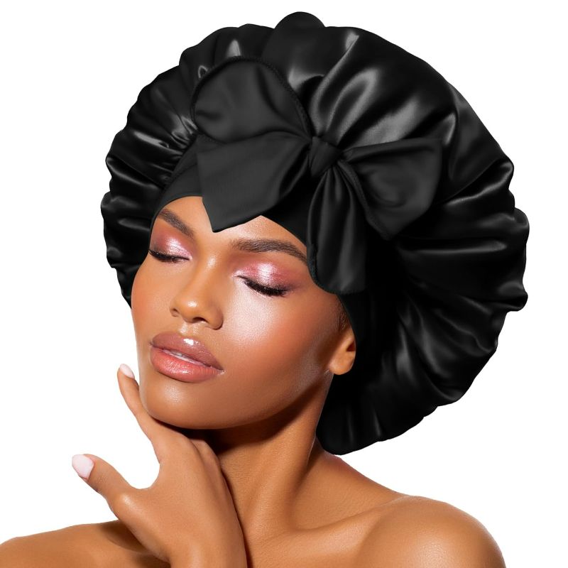 Photo 1 of BONNET QUEEN Silk Bonnet for Sleeping Women Satin Bonnet Hair Bonnet night sleep cap scarf wrap for curly hair With Tie Band Black