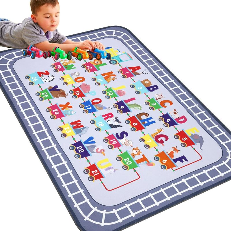 Photo 1 of Kids Play Mat for Kids 72x48 Toy Cars Trains Trucks Play Rug Colorful ABC Large Area Rug Non Slip Kids Rug for Bedroom Boys Playroom Fun Play Carpet for Toddlers (Grey,4'x6')