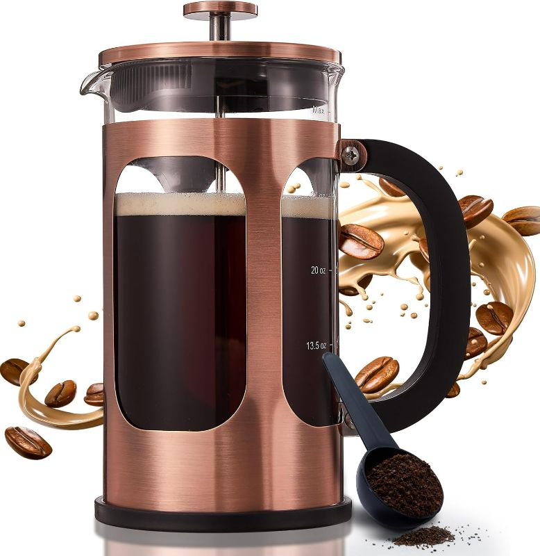 Photo 1 of BAYKA 34 Ounce 1 Liter French Press Coffee Maker, Heat Resistant Thickened Borosilicate Glass Stainless Steel Coffee Press, Cold Brew Coffee Pot Tea Press for Kitchen Travel Camping, Copper