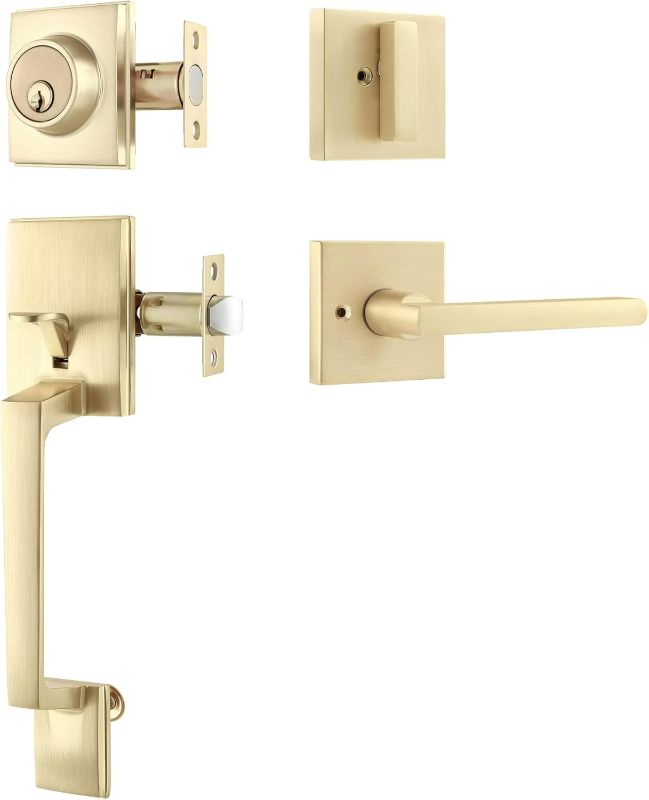 Photo 1 of Front Door Handle and Deadbolt Sets, Gold Door Handle Lock with Reversible Handle Lever, Heavy Duty Door Hardware, Single Cylinder Deadbolt Lock and Key Combo Pack