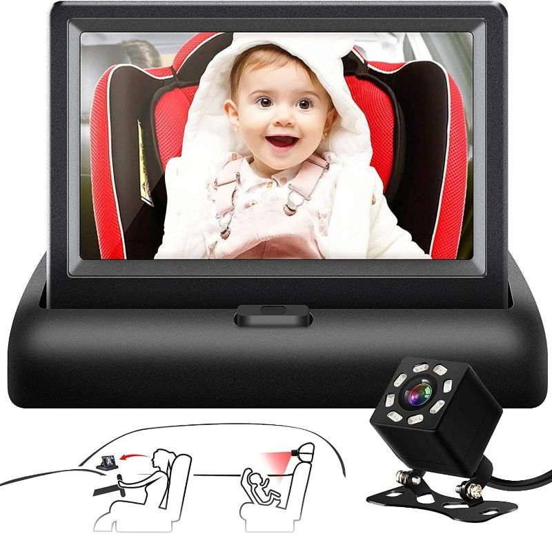 Photo 1 of Baby Car Mirror, Shybaby 1080P Camera Monitor with Handbell Toy, 4.3'' HD Wide View Seat Mirror Night Vision Function to Observe Baby's Every Movement While Driving, Black, YB-302BM