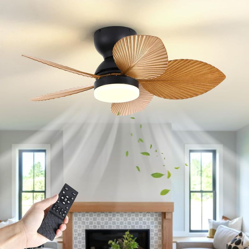 Photo 1 of 30 Inch Tropical Ceiling Fan with LED Light, Outdoor Gazebo Patio Palm Leaf Fan Light, 5 Leaf Blades, Quiet & Reversible Fan, Flush Mount Ceiling Fan with Remote for Bedroom Kitchen Indoor