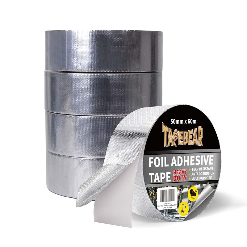 Photo 1 of Glass Fiber Cloth Aluminum Foil Tape, 5.5mil x 2inch x 197feet Professional Insulation High Temperature Duct Tape, Withstand 80°C to 100°C, Reinforced, for HVAC Repair Pipe Sealing, 5 Rolls