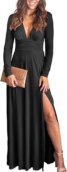 Photo 1 of Size Large ANRABESS Women Deep V Neck Long Sleeve Slit 2024 Fall Elegant Formal Wedding Guest Cocktail Evening Date Prom Maxi Long Dress