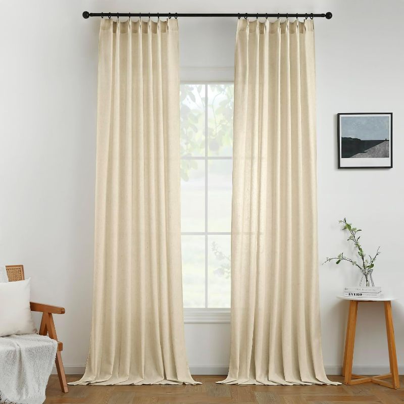 Photo 1 of Pinch Pleat Beige Linen Curtains 96 Inches Long 2 Panels Set Semi Sheer Light Filtering Warm Tone Farmhouse Curtains for Bedroom Living Room 96 Inch Length 40 Inch Wide Oatmeal