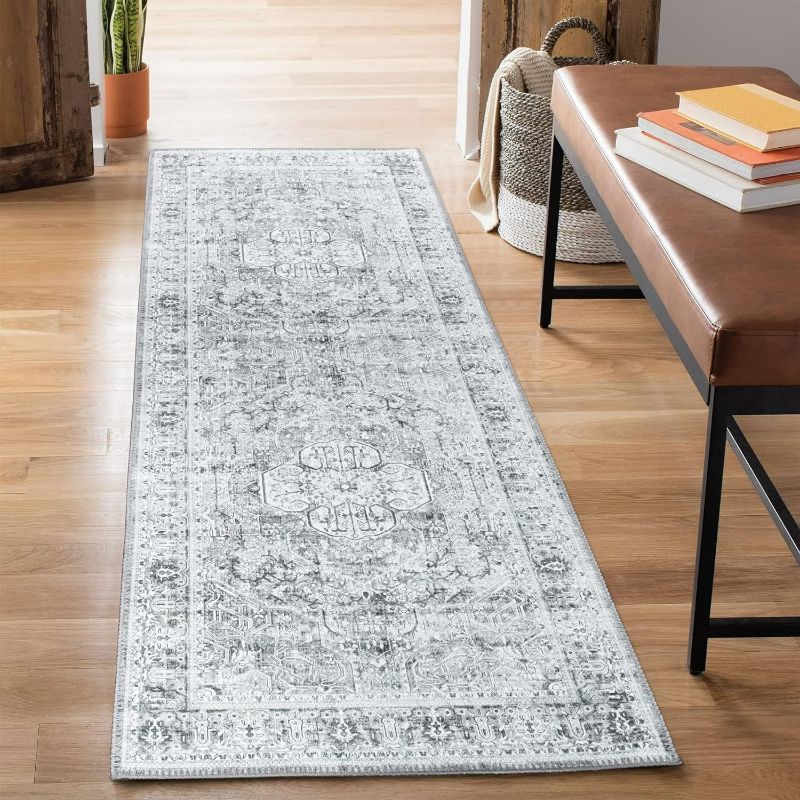 Photo 1 of Bloom Rugs Washable Non-Slip 10 ft Runner - Gray/Charcoal Traditional Medallion Runner for Entryway, Hallway, Bathroom, and Kitchen - Exact Size: 2.5' x 10'