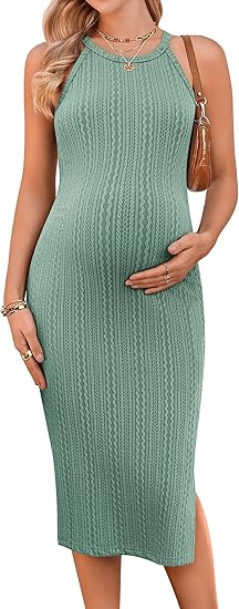 Photo 1 of Small Ekouaer Maternity Dress Rib Knit Side Slit Stretchy Bodycon Pregnancy Dresses Halter Neck Sleeveless Pregnant Clothes