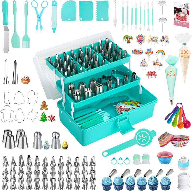 Photo 1 of Cake Decorating Supplies Tools Kit: 358 pcs Baking Accessories with Storage Case - Piping Bags and Icing Tips Set - Puffs Christmas Cookie Cutters Cupcake Set for Beginners or Professional, Mint Green