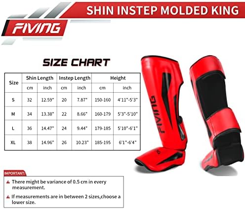 Photo 2 of Medium  FIVING MMA Martial Arts Shin Guards – Padded, Adjustable Muay Thai Leg Guards with Instep Protection for Kickboxing/MMA Training and Sparring – Durable, Professional MMA Equipment