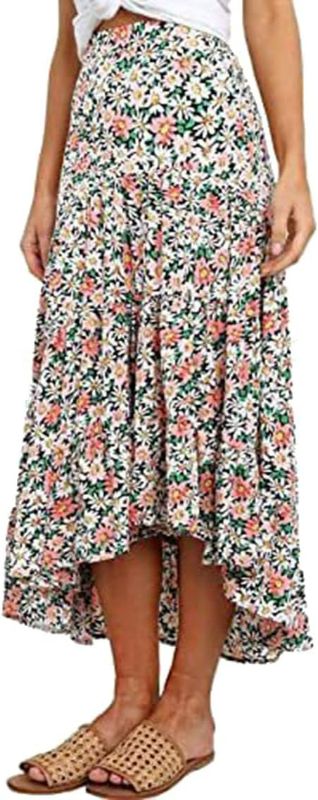 Photo 1 of Melliflo XL Summer Boho Floral Midi Skirt for Women Elastic High Waist Tiered Pleated Skirts Asymmetrical High Low Hem Skirts