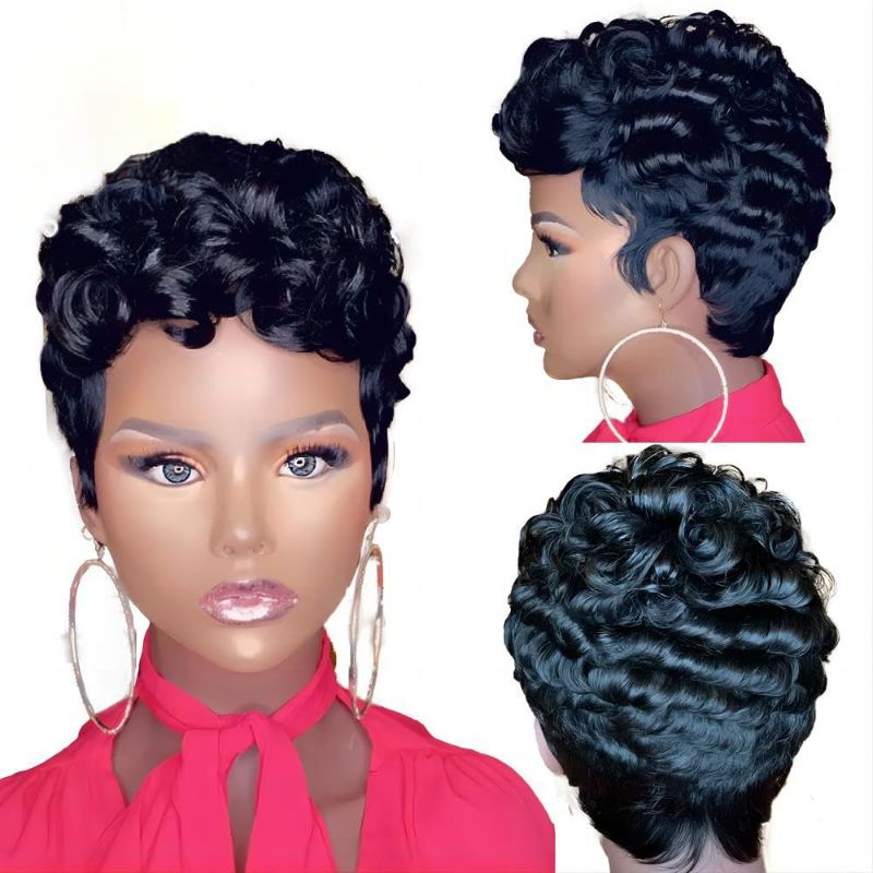 Photo 1 of Curly Pixie Cut Wigs Human Hair Short Bob Wig Human Hair Wig Glueless Wig Layered None Lace Front Wig Full Machine Made Wig 1B Color