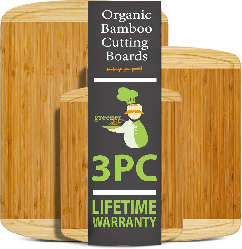 Photo 1 of GREENER CHEF Organic Bamboo Cutting Board Set of 3 with Lifetime Replacements - Wood Cutting Board Set with Juice Groove - Wooden Chopping Board Set for Kitchen, Meat, Vegetables and Cheese