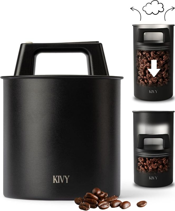 Photo 1 of KIVY Vacuum Coffee Canister - Push Out Excess Air Preserve Coffee Freshness - Airtight coffee canister - Coffee container for ground coffee & coffee bean storage - 32oz Stainless Steel Canister Black