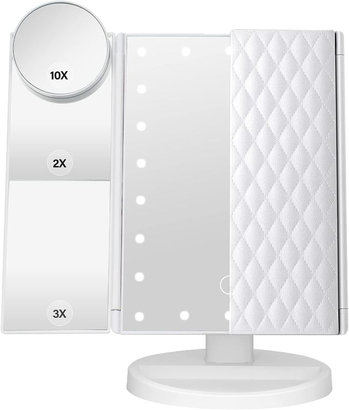 Photo 1 of Makeup Mirror Vanity Mirror with Lights 1X 2X 3X 10X Magnification, Lighted Makeup Mirror, Touch Control, Tri-Fold Portable LED Makeup Vanity, Two Power Supply Modes, White