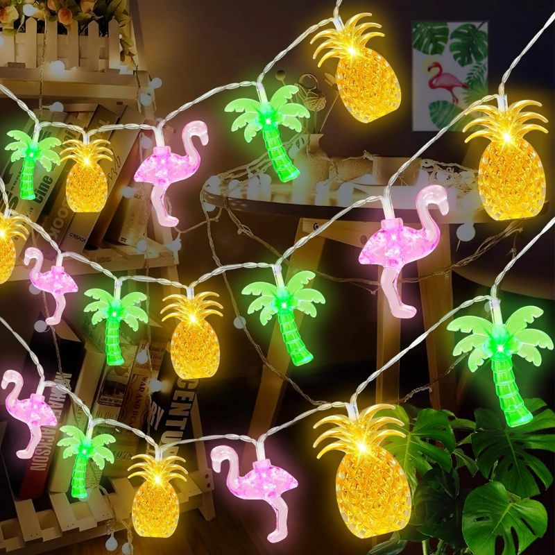 Photo 1 of  [ 8 Modes & Timer ] 30 LED 16Ft Summer Tropical Beach Hawaiian String Lights Tropical Flamingo Pineapple Palm Tree Fairy Lights Battery Operated for Tropical Party Pool Beach Summer Decorations