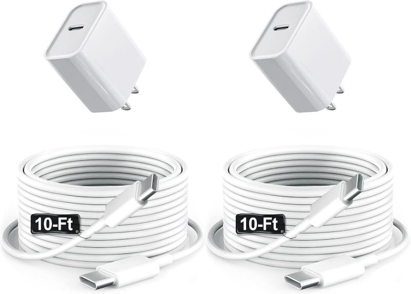 Photo 1 of Fast Charger for iPad with USB-C Port, iPad Pro Chargers, 20W USBC Fast Charging 10 ft for iPad 12.9/11/10.9 inch, Air 5th/4th, Mini 6th, 10th Generation, 10ft C to C Cable, 2Pack, White