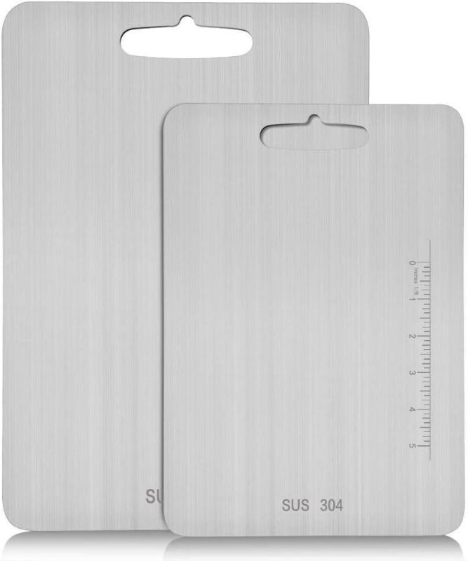 Photo 1 of (14.2" x 9.8"and11.24" x7.87") Stainless Steel Cutting Board for Kitchen,SUS 304 Chopping Board for Meat,Fruit,Vegetables,Baby Food,Dishwasher Safe(2pcs)…