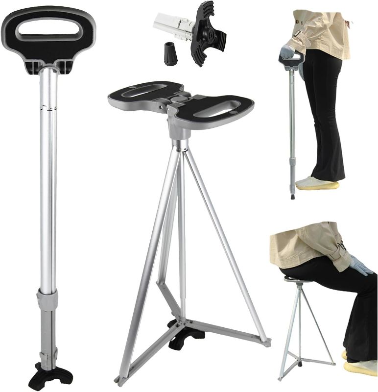 Photo 1 of Walking Cane with Seat for Men & Women,Portable Cane Seat with Carry Bag,Lightweight Anti-Slip Walking Stick for Seniors & Adults,Foldable Adjustable Cane Chair for Travel Hiking
