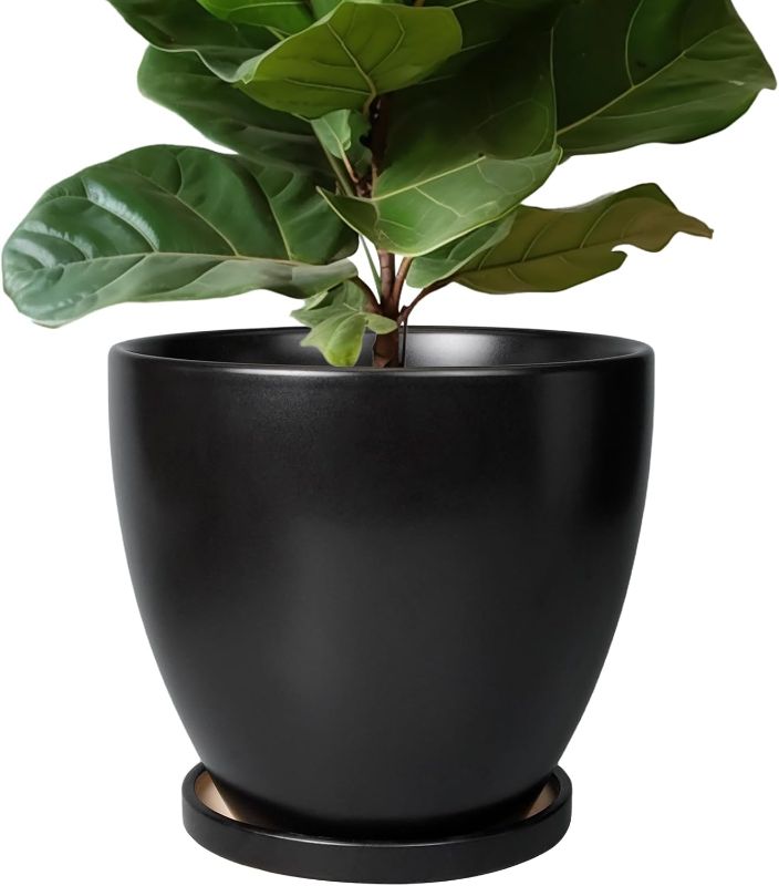 Photo 1 of Ceramic Planter - 10 Inch Plant Pot with Drainage Hole and Tray, Round Flower Pots, Planters for Indoor Plants, Modern Room Garden Patio Bathroom Living Room Porch Home Decor, Black
