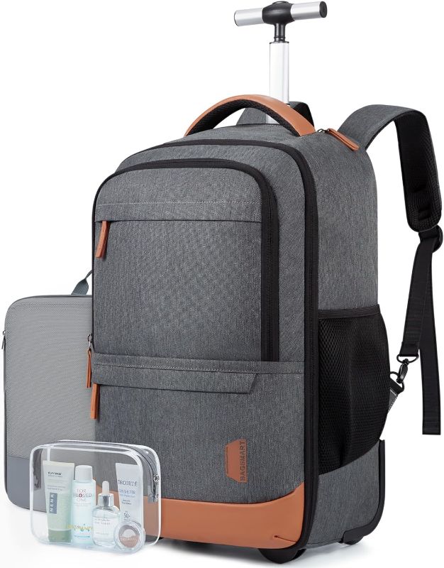 Photo 1 of BAGSMART Rolling Travel Backpack,17 Inch Large Roller College Backpack Luggage Carry on with 2 Packing Cubes, Water-Resistant Travel Laptop Backpacks with Wheels for Adults, Gray
