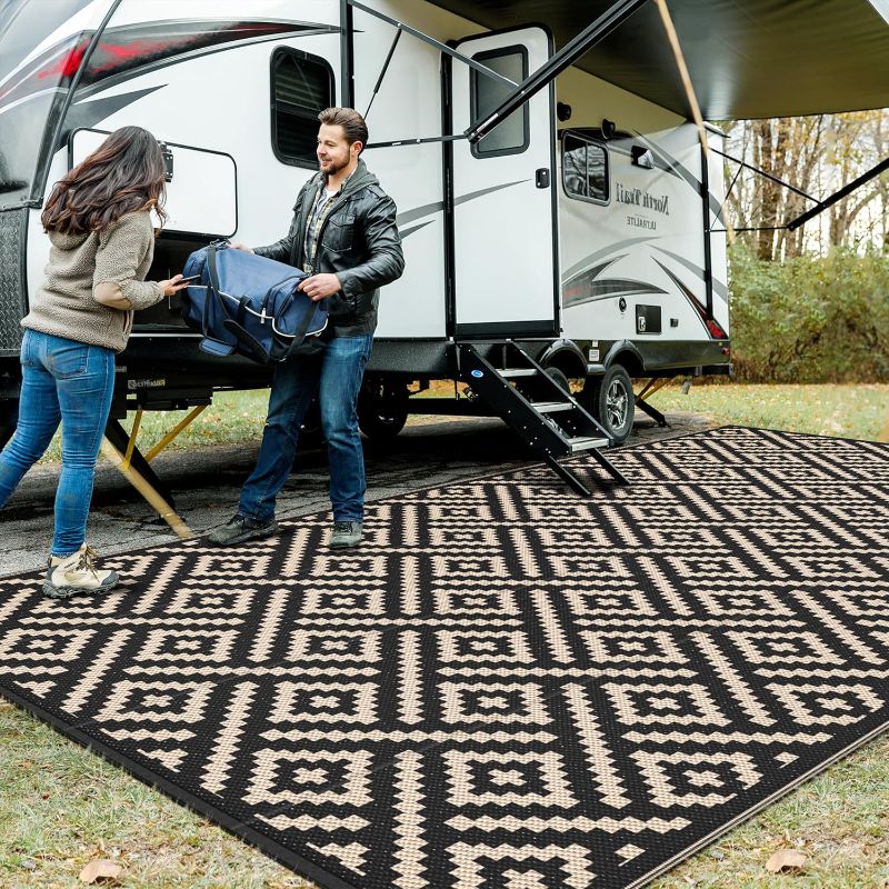 Photo 1 of GENIMO Outdoor Rug for Patio Clearance, 9'x18' Waterproof Camping Mat, Reversible Plastic Straw Rugs for RV, Camper, Balcony, Backyard, Picnic, Deck (Black & Beige)
