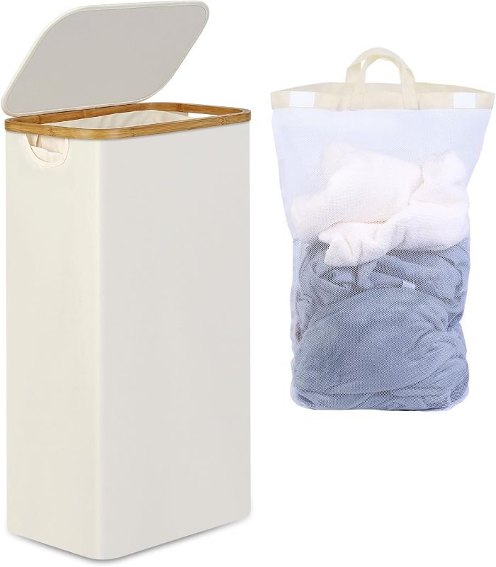 Photo 1 of Slim Laundry Basket with Lid, Narrow Laundry Hamper with Removable Bag, Skinny Dirty Clothes Basket with Bamboo Handles for Bathroom, Bedroom & Laundry Room, 75L Beige
