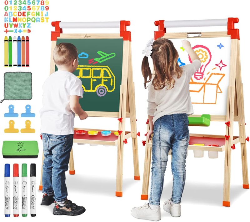 Photo 1 of JOYOOSS Kids Wooden Easel with Paper Roll - Adjustable Magnetic Double Sided Drawing Board Whiteboard & Chalkboard Dry Easel Board, Children Art Easel for 3~12 Years Kids Boys Girls Painting Drawing
