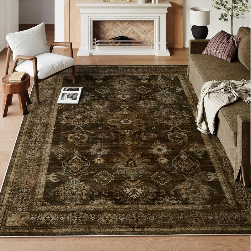 Photo 1 of Morebes Oriental 8x10 Rugs for Living Room, Washable Large Brown Rug for Bedroom Rug Non Slip, Vintage Neutral Low Pile Soft Indoor Carpet for Office Farmhouse Dining Room
