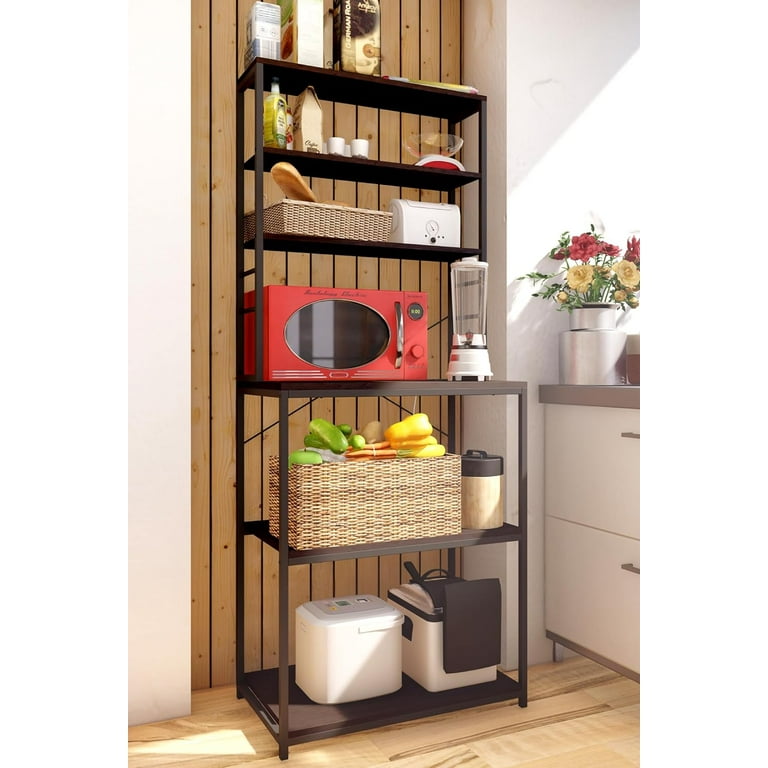 Photo 1 of Bakers Rack with Power Outlet, coffee bar cabinet with 6 S hooks, 6-Tiers small appliances and microwave stand with storage for small apartments with motion sensor lights, Wood