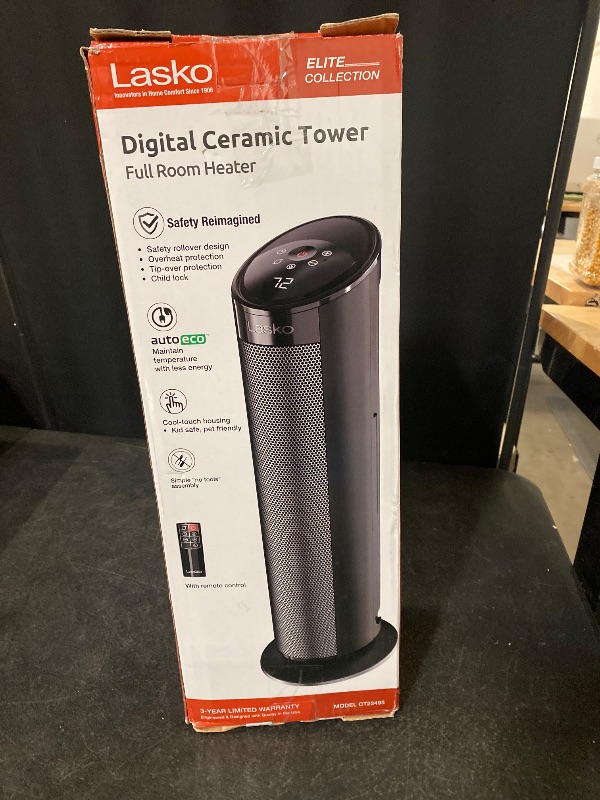Photo 1 of LASKO 22" CERAMIC TOWER SPACE HEATER WITH TIMER AND REMOTE, CT22495, BLACK