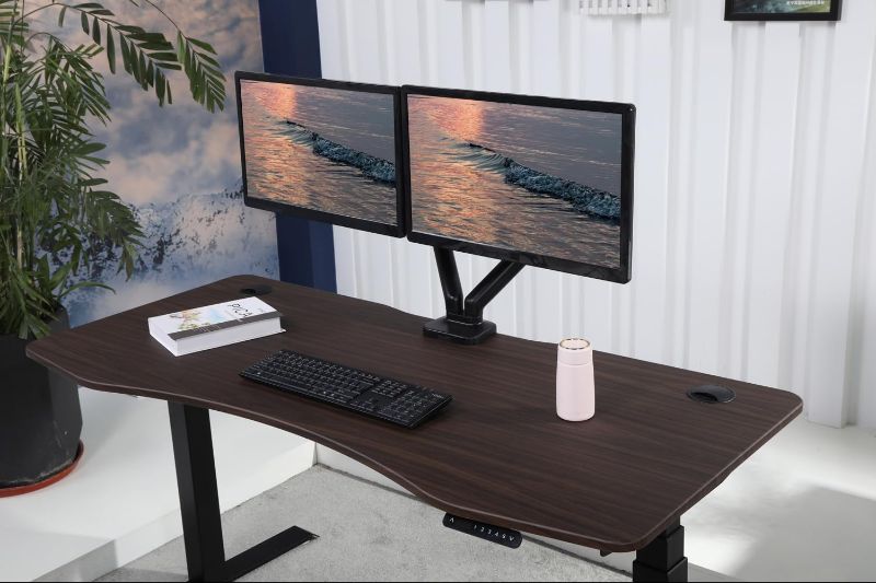 Photo 1 of ApexDesk K Series 71" Height Adjustable Standing Desk with Memory Controller with Dual Motor for Home and Office, Walnut Curved Top
