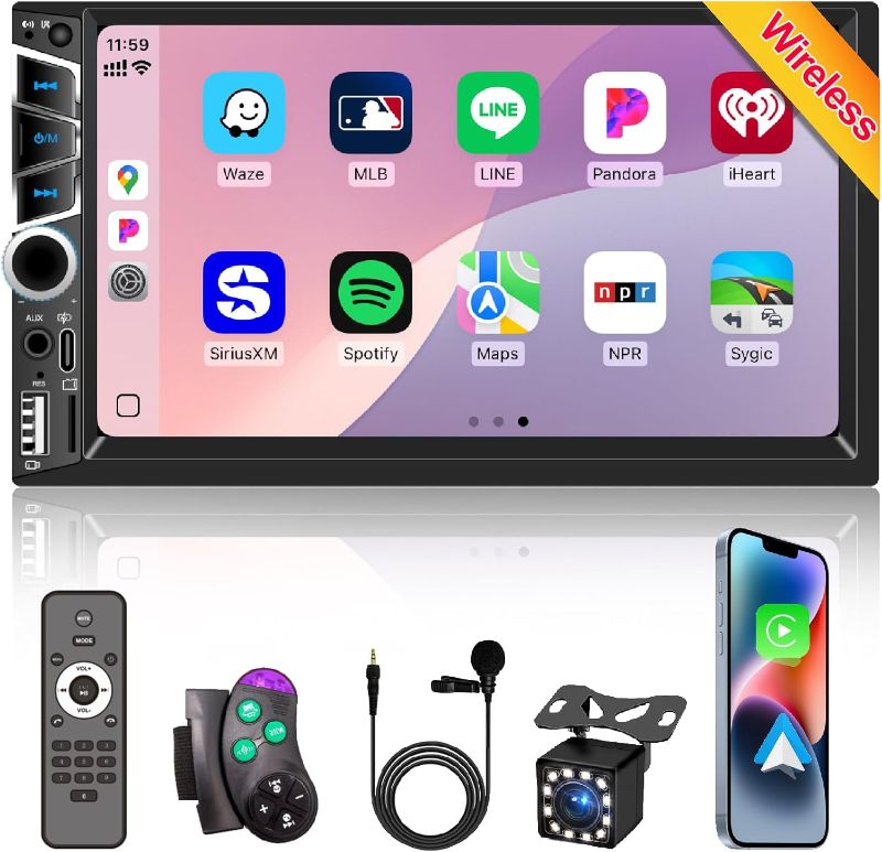 Photo 1 of Wireless Apple Carplay 7 inch Double Din Car Stereo,IPS Touchscreen,Bluetooth 5.2,FM Car Radio,Bakcup Camera,Subwoofer Ports, Audio Receiver,Android Auto,Type-C/USB Fast Charging,GPS Navigation
