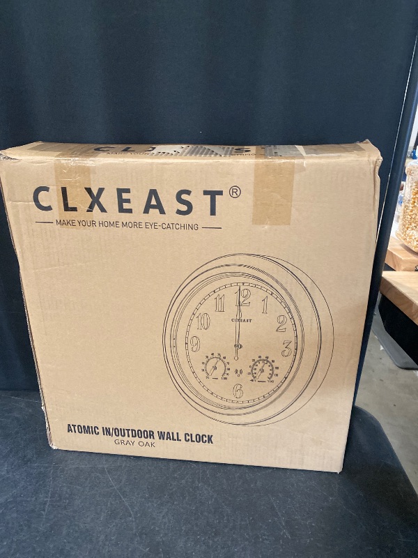 Photo 1 of CLXEAST 18 Inch Farmhouse Illuminated Outdoor Atomic Wall Clock with Thermometer & Hygrometer Combo, Night Lighted Wall Clock with Smart Sensor, Weather Stations,Brushed Grey Oak Finish
