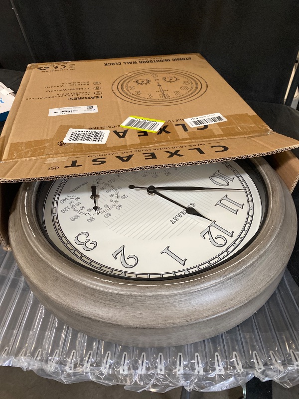 Photo 1 of CLXEAST 18 Inch Farmhouse Illuminated Outdoor Atomic Wall Clock with Thermometer & Hygrometer Combo, Night Lighted Wall Clock with Smart Sensor, Weather Stations,Brushed Grey Oak Finish

