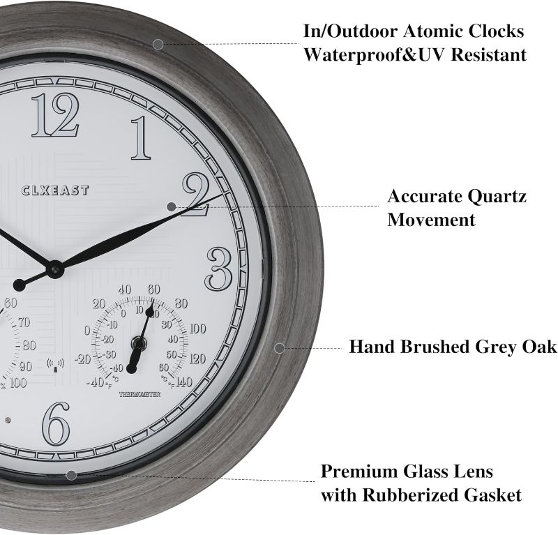 Photo 1 of CLXEAST 18 Inch Farmhouse Illuminated Outdoor Atomic Wall Clock with Thermometer & Hygrometer Combo, Night Lighted Wall Clock with Smart Sensor, Weather Stations,Brushed Grey Oak Finish
